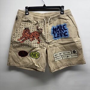 OAS MENS Graphic Beige Shorts with Tiger and Text SIZE XL NWT